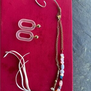 Free People beaded lariat tassel necklace with clear oval dangle earrings, nwot